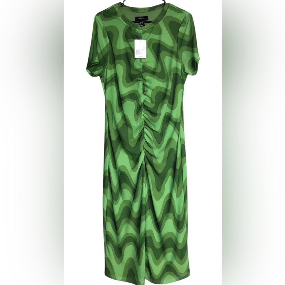 FOREVER 21 N.W.T. MIDI Dress Size 0X‎ Color Green AlloverAbstract Wave Print.